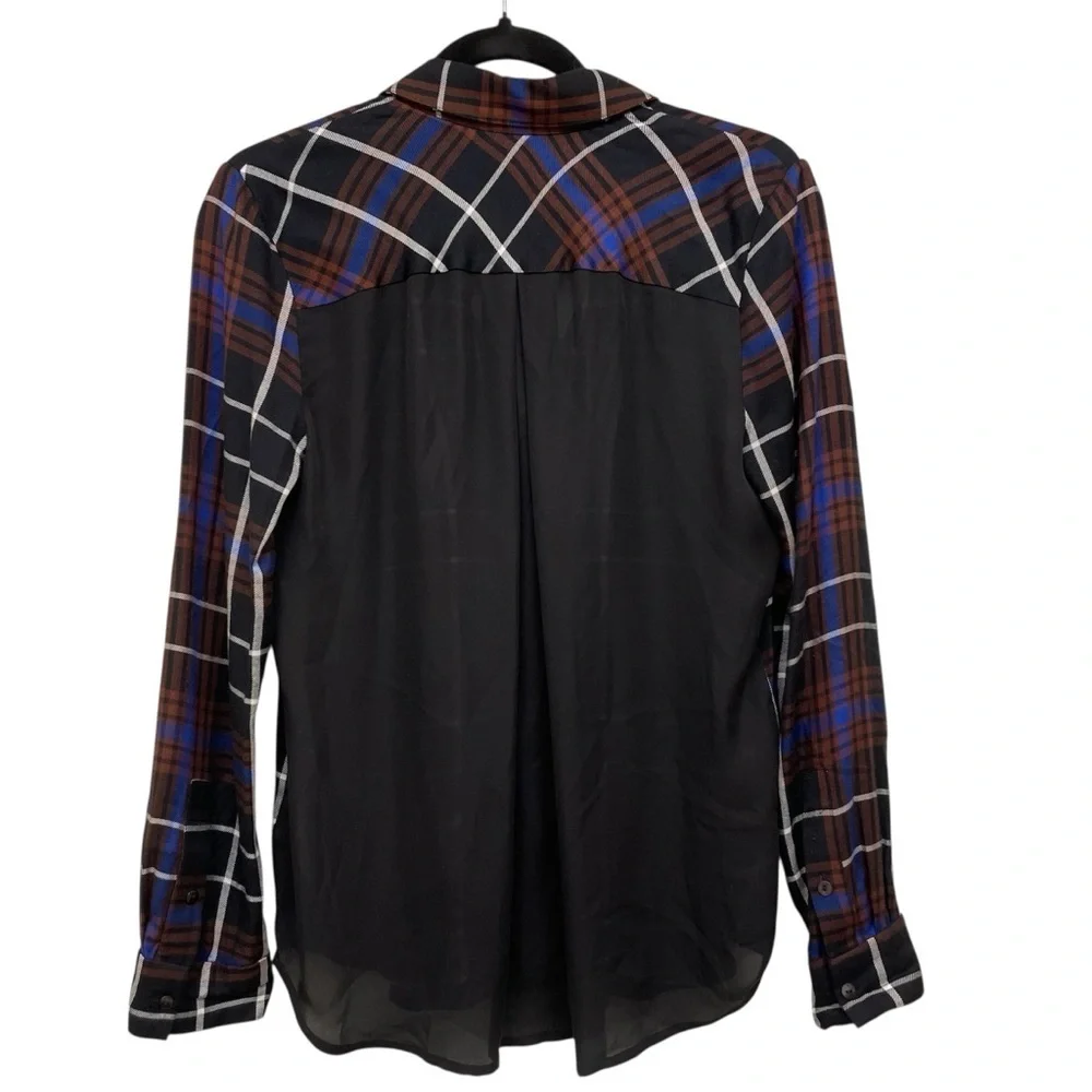 L’AGENCE Flannel Plaid Shirt Contrast Black Silk Back, Blue and Brown - Size XS